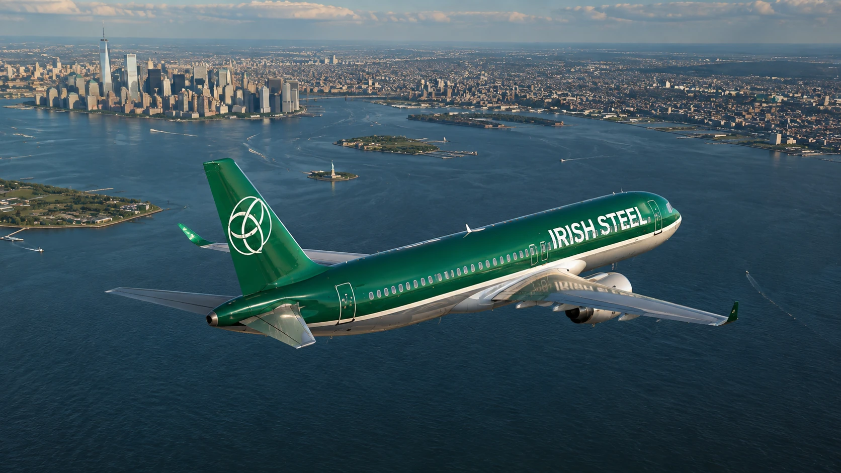 Concept artwork of a plane in Irish Steel livery flying over New York harbour, viewed from the rear quarter with Manhattan in the background.