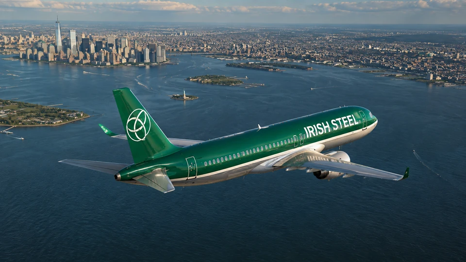 Concept artwork of a plane in Irish Steel livery flying over New York harbour.